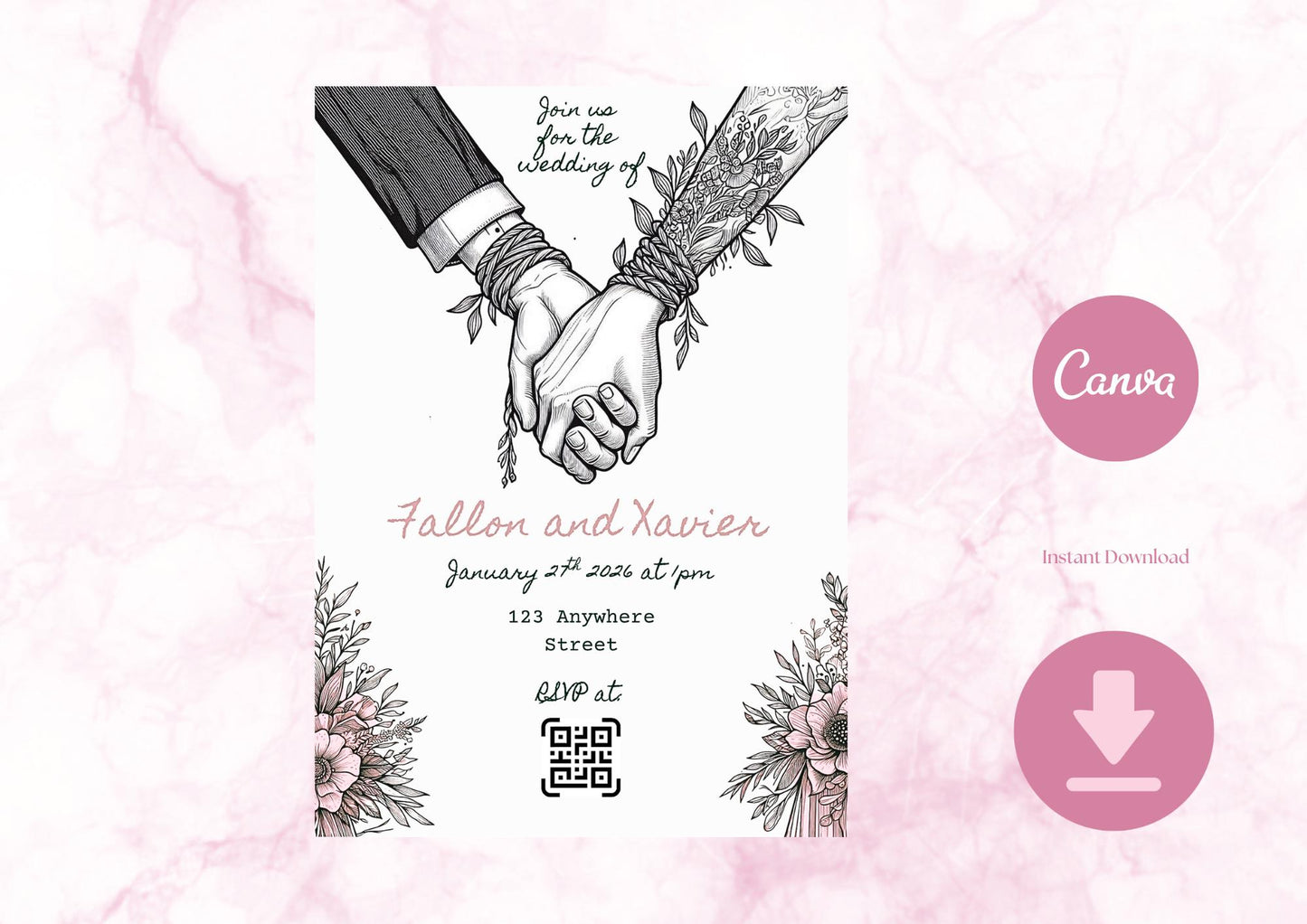Digital Wedding Invitation, Boho Handfasting Design, Printable, Instant Download, Editable Canva Template, Alternative Wedding Template